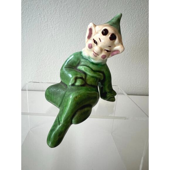 Vintage Green Pixie Elf Shelf Sitter Ceramic Figurine Knee Hugger - Picture 1 of 9